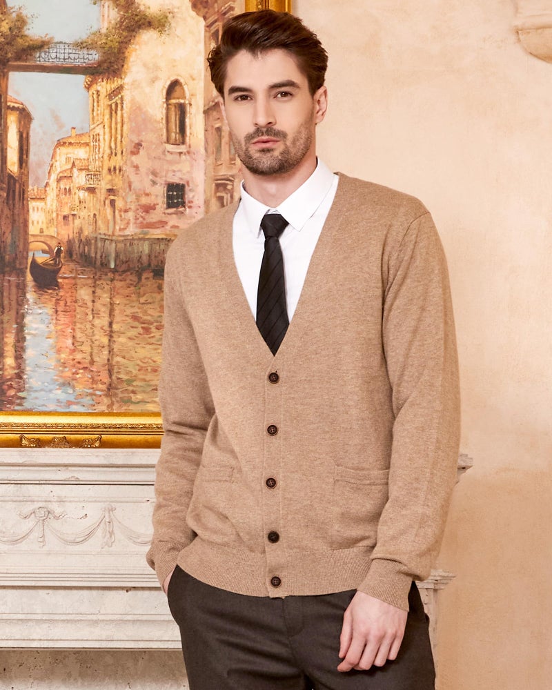 Kallspin Men's Cardigan Sweaters Wool Blend V Neck Button Down Sweaters with Pockets(Coffee, X-Large) - Image 5